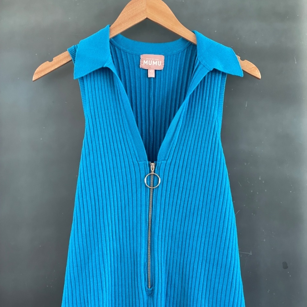 Show Me Your Mumu Teal Rib Knit Zip Front Sweater Tank Romper XS Collared - Picture 5 of 10